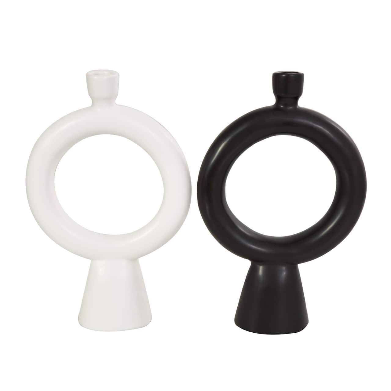 CosmoLiving by Cosmopolitan 12" Black & White Ceramic Geometric Ring Taper Candle Holder Set